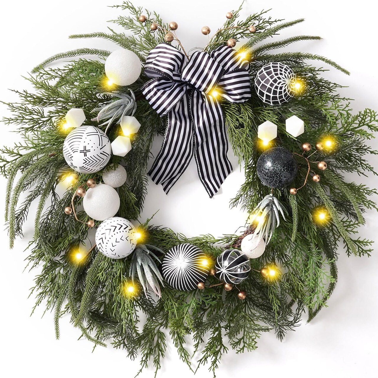 Collapsible Christmas Wreath, 24 inch Prelit Norfolk Pine Wreaths for Front Door with Ornament, Aritificial Greenery Christmas Wreath Decorations with Lights (Boho Black & White)